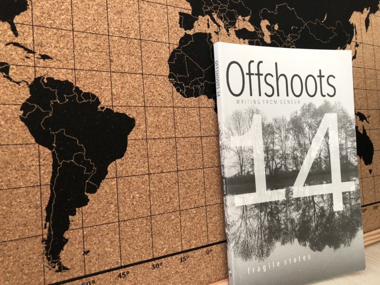 Image of a black and white book with the word Offshoots across the top and autumn woods reflected in a still body of water